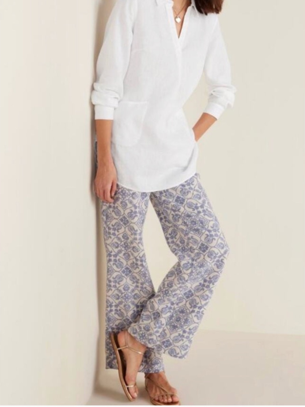 Soft Surroundings Blue Aliso Point Linen Wide Leg Pants Boho Size Large